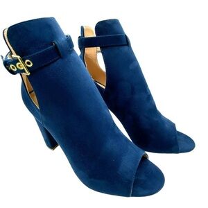 Olivia Ferguson Navy Blue Suede Open Toe Heeled Bootie | Size 10